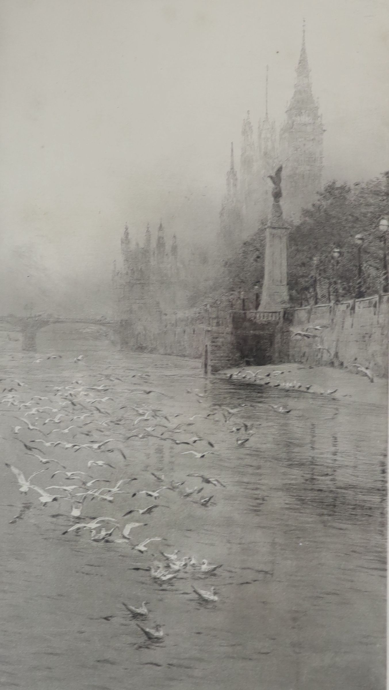 William Lionel Wyllie (1851-1931), etching, RAF Monument on the Thames towards Westminster, signed in pencil, 29 x 16cm